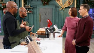 Andy Samberg and Maya Rudolph speaking with Baking It Contestants 